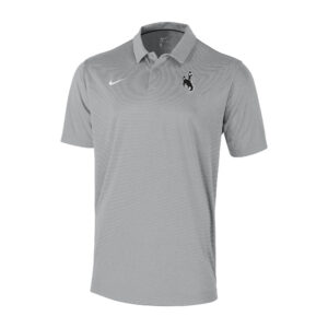 Nike men's grey polo, design is white Nike logo on right chest, embroidered brown bucking horse outlined in white on left chest