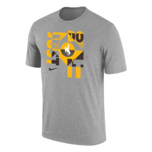 men's Nike heather short sleeve tee, design is gold, white and brown geometric shapes making up with words just do it in a square, white bucking horse in center