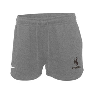 Women's Nike grey French terry short, design is black bucking horse above black word Wyoming on left leg, white Nike logo on right leg