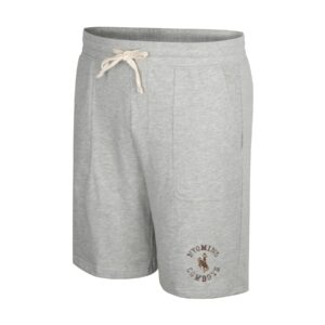 Men's grey terry short, design is distressed arched brown word Wyoming over brown bucking horse, arched brown word cowboys underneath, on left leg