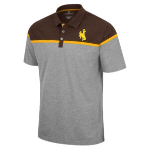 Men's grey and brown polo with gold stripe, three white button closure, embroidered gold bucking horse