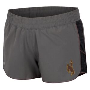 Women's grey short, design is brown bucking horse gold outline on left leg, black striped side insert