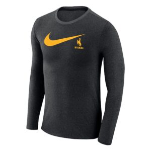 men's Nike long sleeve black heather tee, design is large gold Nike swoosh logo with, bucking horse and word Wyoming offset to the left below