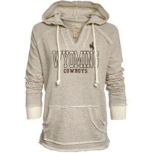women's white hood with brown stripes, design is brown bucking horse on left above brown outlined word Wyoming above small brown word cowboys