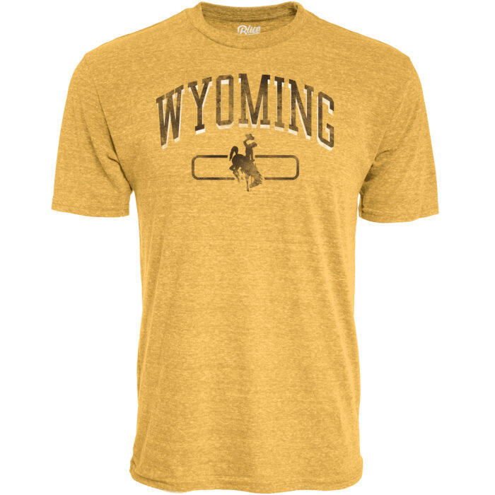men's golden short sleeved tee, design is brown word Wyoming arched above brown bucking horse in front of brown round rectangle