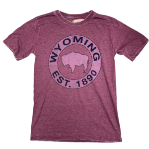 men's faded red short sleeve tee, design is slogan Wyoming set 1886 in the shape of a circle, around a white buffalo