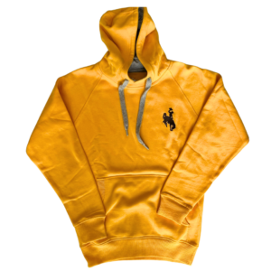 gold hooded sweatshirt with front pocket. Small brown bucking horse embroidered on left chest