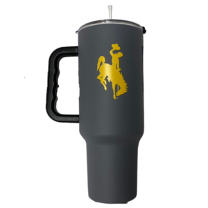 Charcoal grey 40 ounce tumbler with black handle, design is gold bucking horse