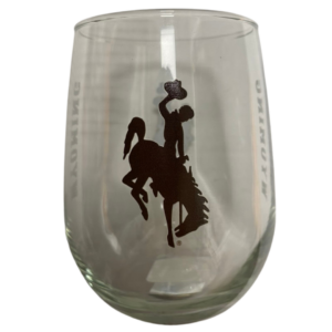16 ounce curved glass, design is brown bucking horse with brown vertical word Wyoming on opposite sides