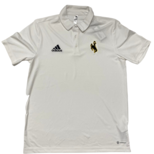 White Adidas polo, design is brown bucking horse with gold outline on left chest, black Adidas logo on right chest