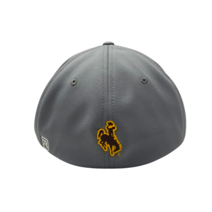 Back of grey flex-fit hat, design is brown bucking horse with gold outlined centered on back