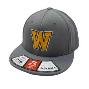Grey flex-fit hat, design is gold block letter W with black and white outline, Richardson sticker on front brim
