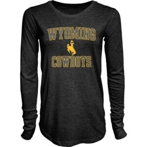 Women's heather black long sleeve, design is grey word Wyoming outlined in gold above gold bucking horse above grey word cowboys outlined in gold