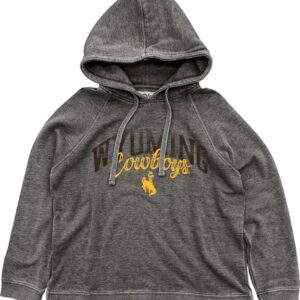 Women's charcoal hooded sweatshirt, design is distressed brown arched word Wyoming above gold script word cowboys above gold bucking horse