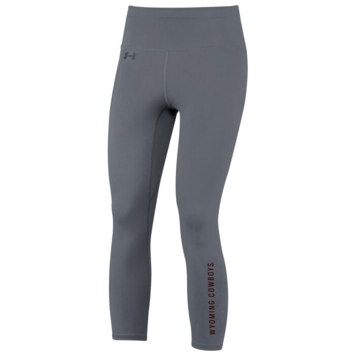 Women's Under Armour grey cropped leggings, design is brown words Wyoming cowboys on front side of left calf, grey Under Armour logo on right