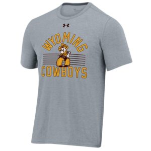 Men's Under Armour grey tee, design is gold word Wyoming above Pistol Pete logo in front of brown stripes, gold word cowboys underneath