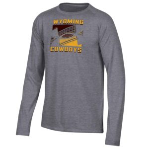 Youth Under Armour grey longsleeve, design is gold word Wyoming over large Under Armour logo, half brown, half gold, gold word cowboys underneath