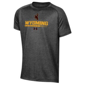 Youth Under Armour dark grey tee, design is brown bucking horse gold outline above gold word Wyoming above brown word cowboys in gold bar, brown UA logo underneath