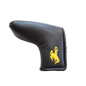 Black golf blade putter cover with gold bucking horse on side, black stitching around side