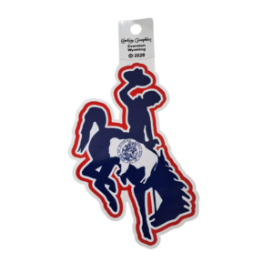 4 inch bucking horse vinyl decal, design is Wyoming state flag in bucking horse shape