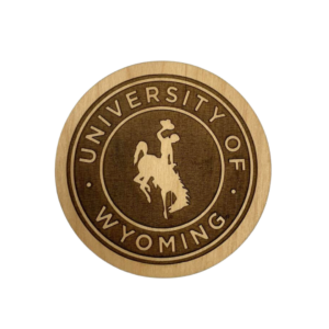 Alder wood coaster, design is light wood colored bucking horse surrounded by darker wood words university of Wyoming arched around