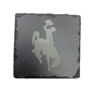Slate grey coaster, flaked sides, design is light grey etched bucking horse in center