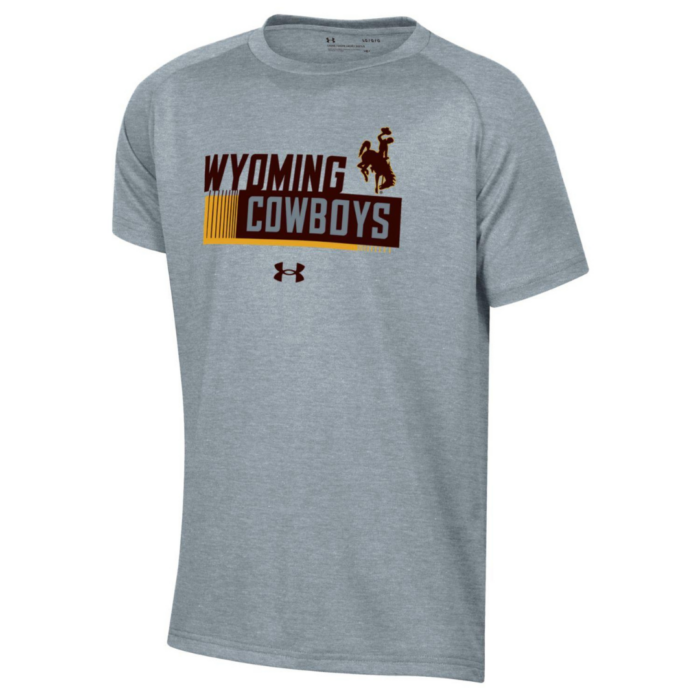 Grey Under Armour youth tee, design is brown word Wyoming, then brown bucking horse gold outline, above grey word cowboys in brown box with gold box shadow