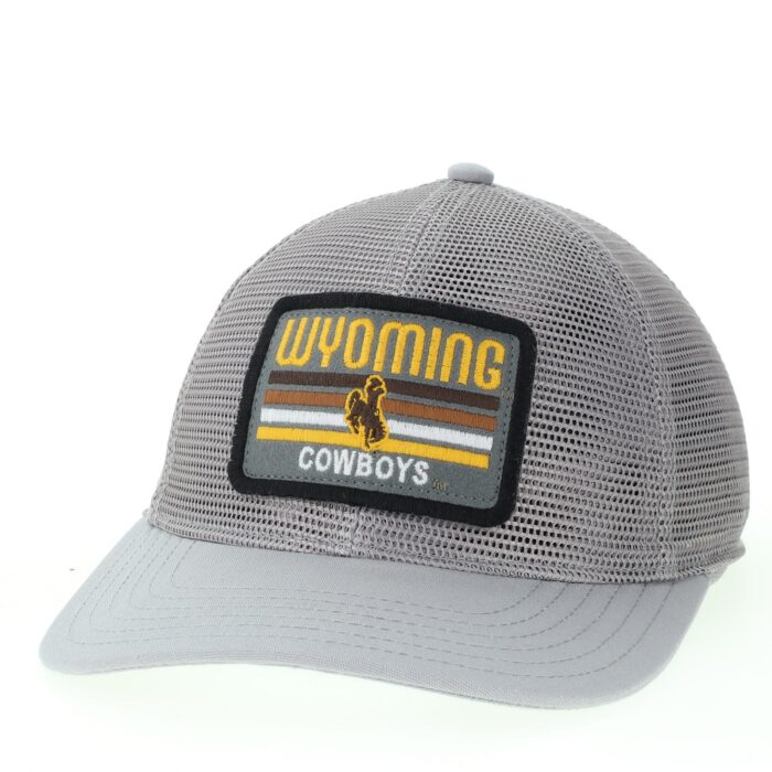 Adjustable grey mesh hat with curved bill, design is patch with black border and gold word Wyoming, multicolored stripes behind bucking horse above white word cowboys