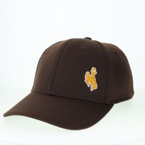 Adjustable brown hat with curved bill, gold bucking horse with white outline embroidered on left front