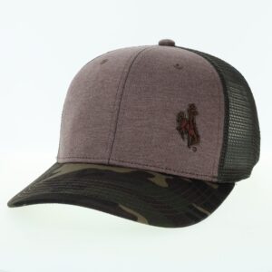 Adjustable grey and black hat with curved camo bill, design is brown bucking horse on left front