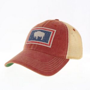 washed red adjustable, unstructured hat with tan mesh back that has a Wyoming state flag distressed fabric patch on the front