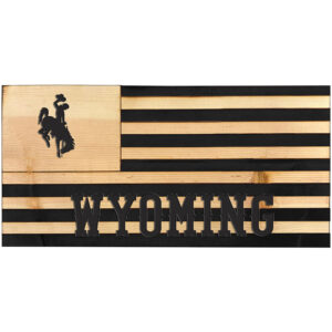 2 feet by 1 foot wood sign, design is flag with bucking horse, with brown word Wyoming at bottom