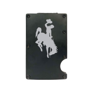 Black metal wallet, design is etched bucking horse, screw details on on corners and edges, finger indent for easy access to cards