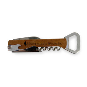 metal bottle opener with wood body. On wood is slogan University of Wyoming etched on the side