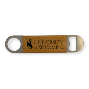 Mini bottle opener, design is brown bucking horse with words university of Wyoming, dual sided