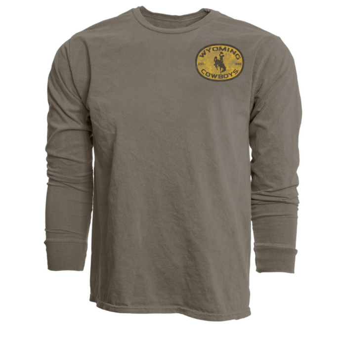 Front of light brown men's longsleeve, design is gold circle brown outline with brown word Wyoming arched above brown bucking horse, brown word cowboys arched below