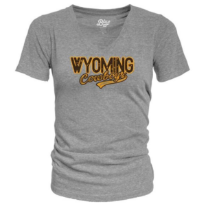 Grey women's tee, design is brown word Wyoming gold outline above gold word cowboys brown outline, gold tail brown outline underlining word cowboys