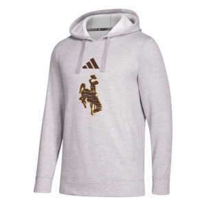 grey Adidas brand hooded sweatshirt. Brown Adidas logo on front center, with brown distressed bucking horse, outlined in gold, below