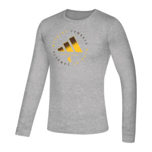 Men's Adidas grey long sleeve tee, design is gold word Wyoming with brown word cowboys repeating in circle, brown to gold gradient adidas logo in center, gold bucking horse below