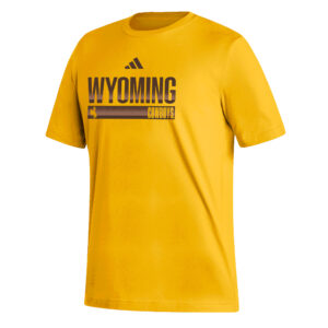 Men's Adidas gold tee, design is brown adidas logo above brown word Wyoming above brown bar with gold bucking horse on left and gold word cowboys on right