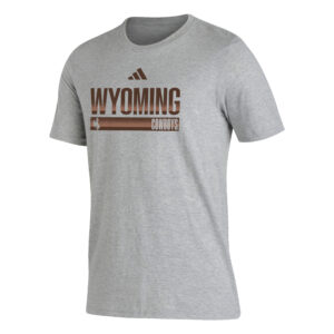 Men's Adidas grey tee, design is brown adidas logo above brown word Wyoming above brown bar with grey bucking horse on left and grey word cowboys on right