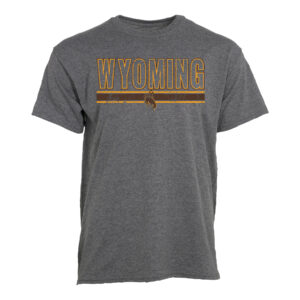 Men's grey short sleeved tee, design is grey word Wyoming outline gold and brown, above thick brown stripe thin gold stripes above and below, brown bucking horse gold outline centered in stripes