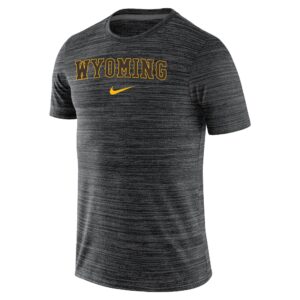Nike men's black short sleeve tee, design is brown word Wyoming with gold outline above gold Nike logo