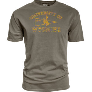 Men's brown tee, design is all distressed gold block letter words university of above pennant outline with 1886 and centered bucking horse, block letter word Wyoming below