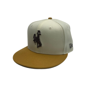 Front of light brown fitted hat with gold flat bill, design is grey bucking horse embroidered on front center