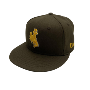 Front of dark brown fitted hat with dark brown flat bill, design is gold embroidered bucking horse with white outline