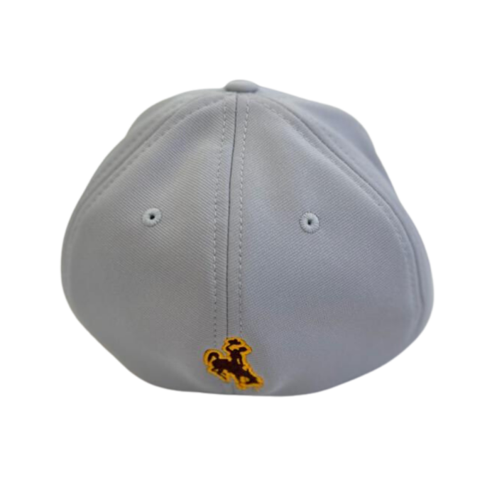 Back of grey flex-fit hat, design is brown bucking horse with gold outline