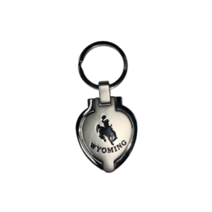 Heart shaped silver metal locket keychain, design is bucking horse above arched word Wyoming