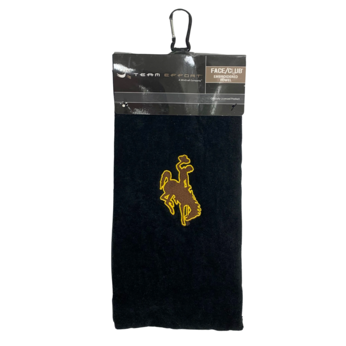 Black cotton golf towel, design is brown bucking horse gold outline