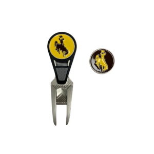 Metal golf divot tool, design is gold circle with black bucking horse inside, ball marker design is black with gold bucking horse in center